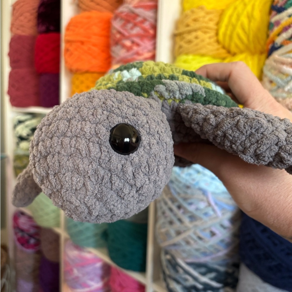 Handmade crochet large gray and green sea turtle plushie